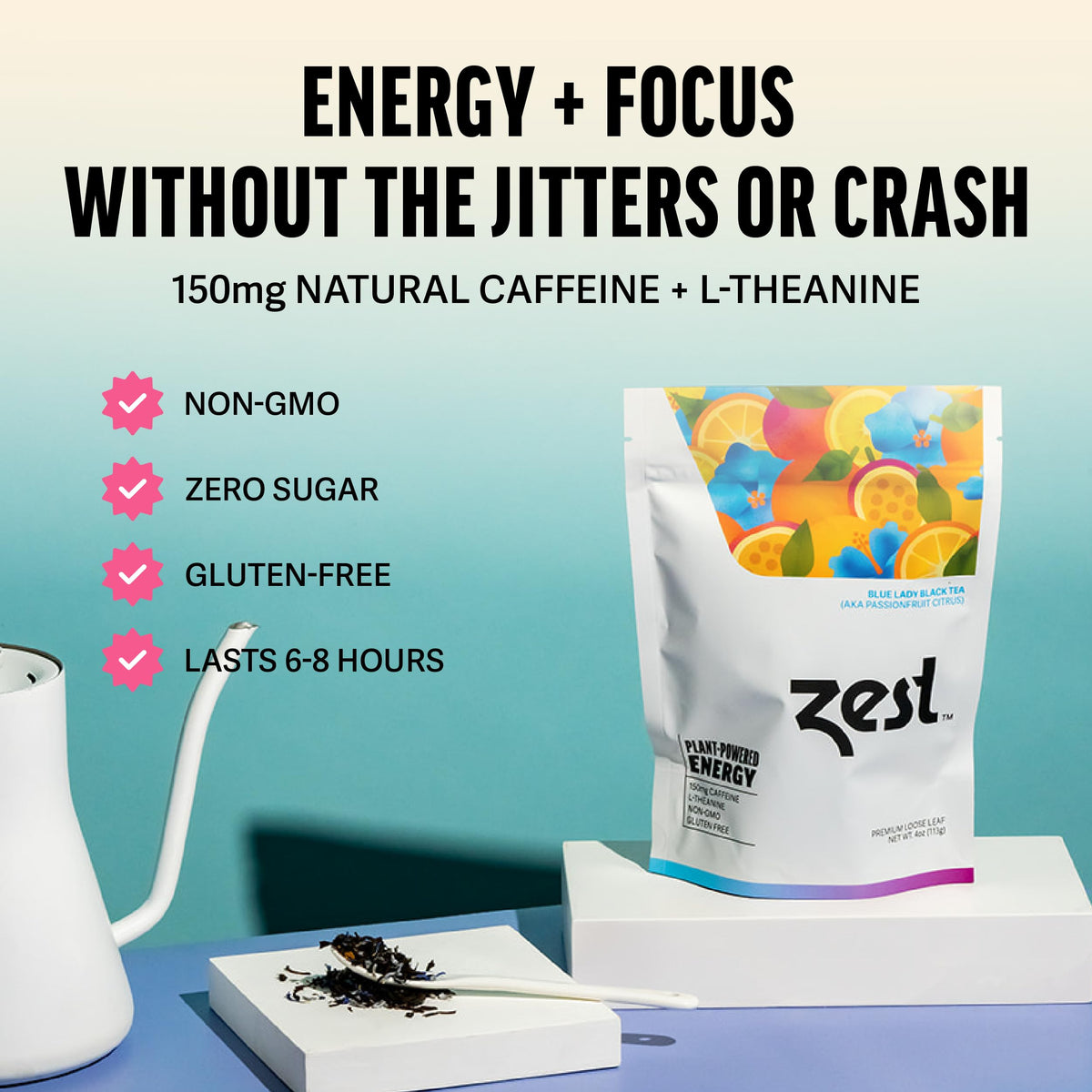 ZEST Energy Black Tea - Blue Lady Loose Leaf, 150mg Caffeine, Passion Fruit