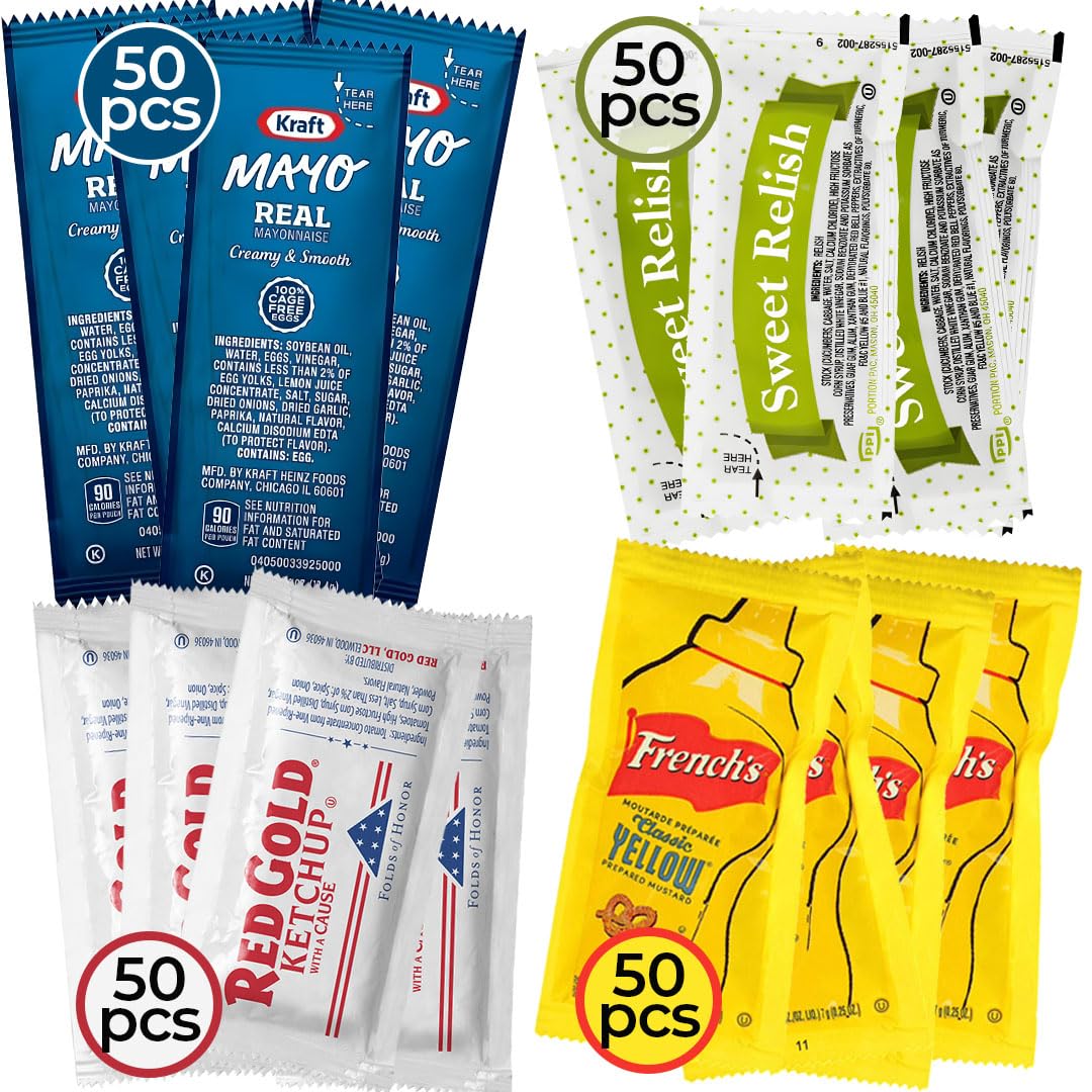 Zeust 200-Count Individual Condiment Packets Variety Pack – 50 Each (Ketchup, Relish, Mayo, Mustard) Single-Serve for BBQ, Picnics & Parties