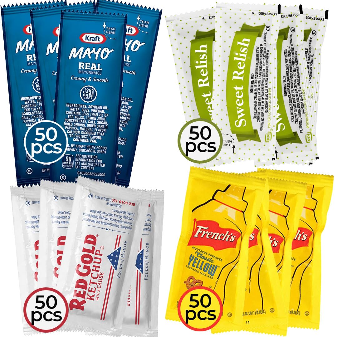 Zeust 200-Count Individual Condiment Packets Variety Pack – 50 Each (Ketchup, Relish, Mayo, Mustard) Single-Serve for BBQ, Picnics & Parties