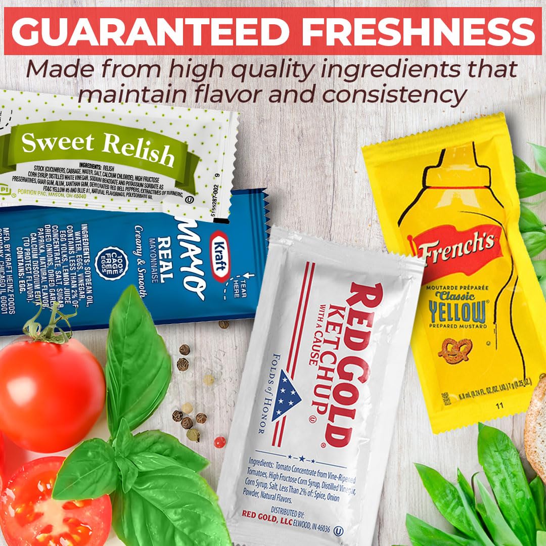 Zeust 200-Count Individual Condiment Packets Variety Pack – 50 Each (Ketchup, Relish, Mayo, Mustard) Single-Serve for BBQ, Picnics & Parties
