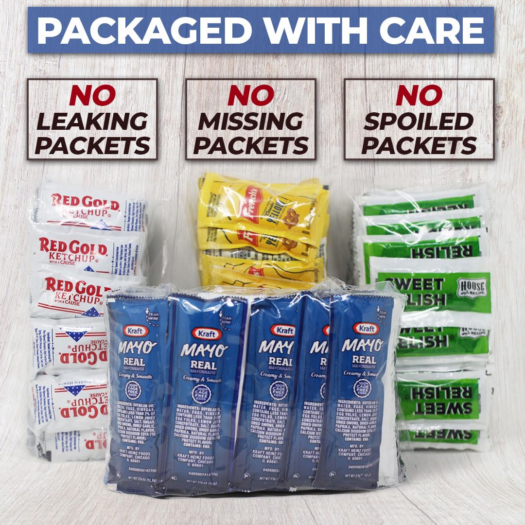 Zeust 200-Count Individual Condiment Packets Variety Pack – 50 Each (Ketchup, Relish, Mayo, Mustard) Single-Serve for BBQ, Picnics & Parties