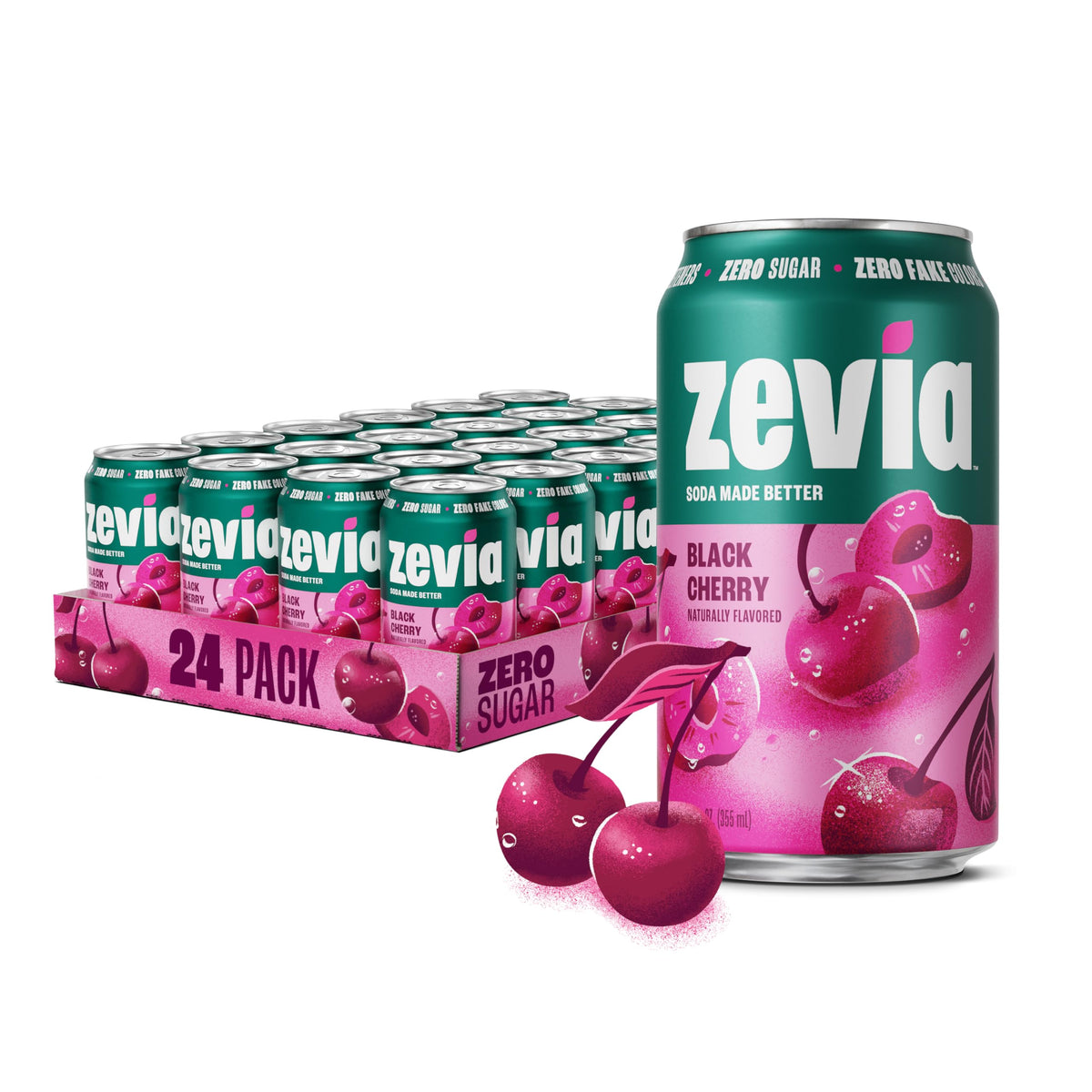 Zevia Zero Sugar Soda – Black Cherry, 12 oz Cans (24-Pack) | Naturally Sweetened, Non-GMO, Gluten-Free