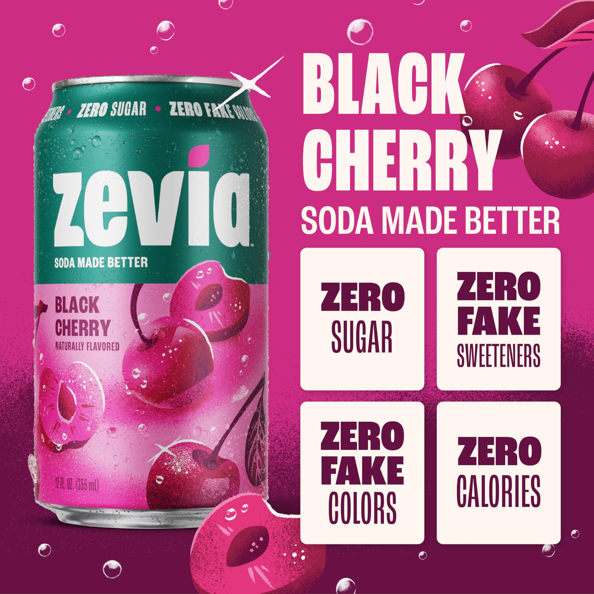 Zevia Zero Sugar Soda – Black Cherry, 12 oz Cans (24-Pack) | Naturally Sweetened, Non-GMO, Gluten-Free