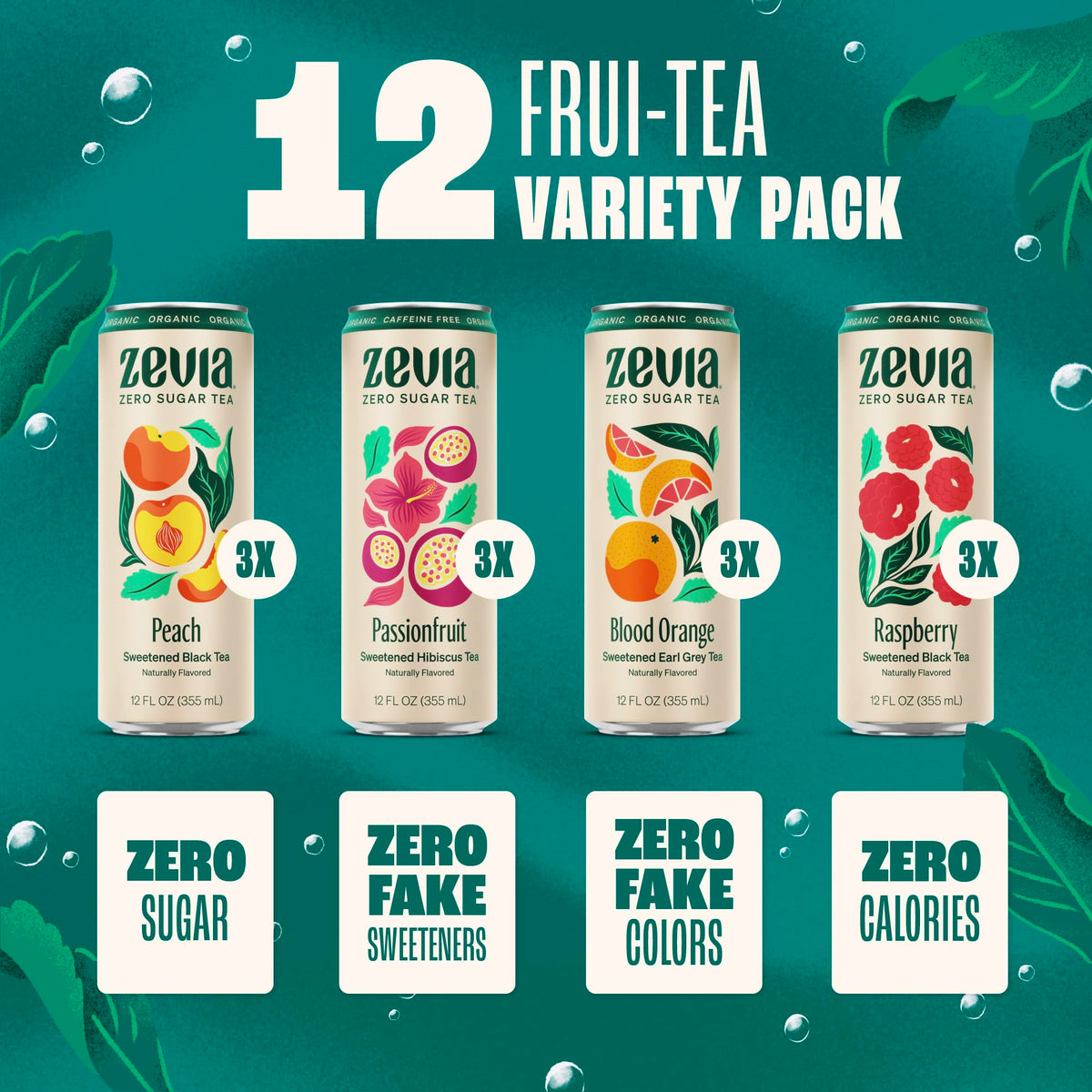 Zevia Zero Sugar Tea Fruity Tea Variety Pack – 12 x 12oz Cans, Naturally Sweetened, Zero Calorie, Non-GMO, Gluten-Free, Vegan