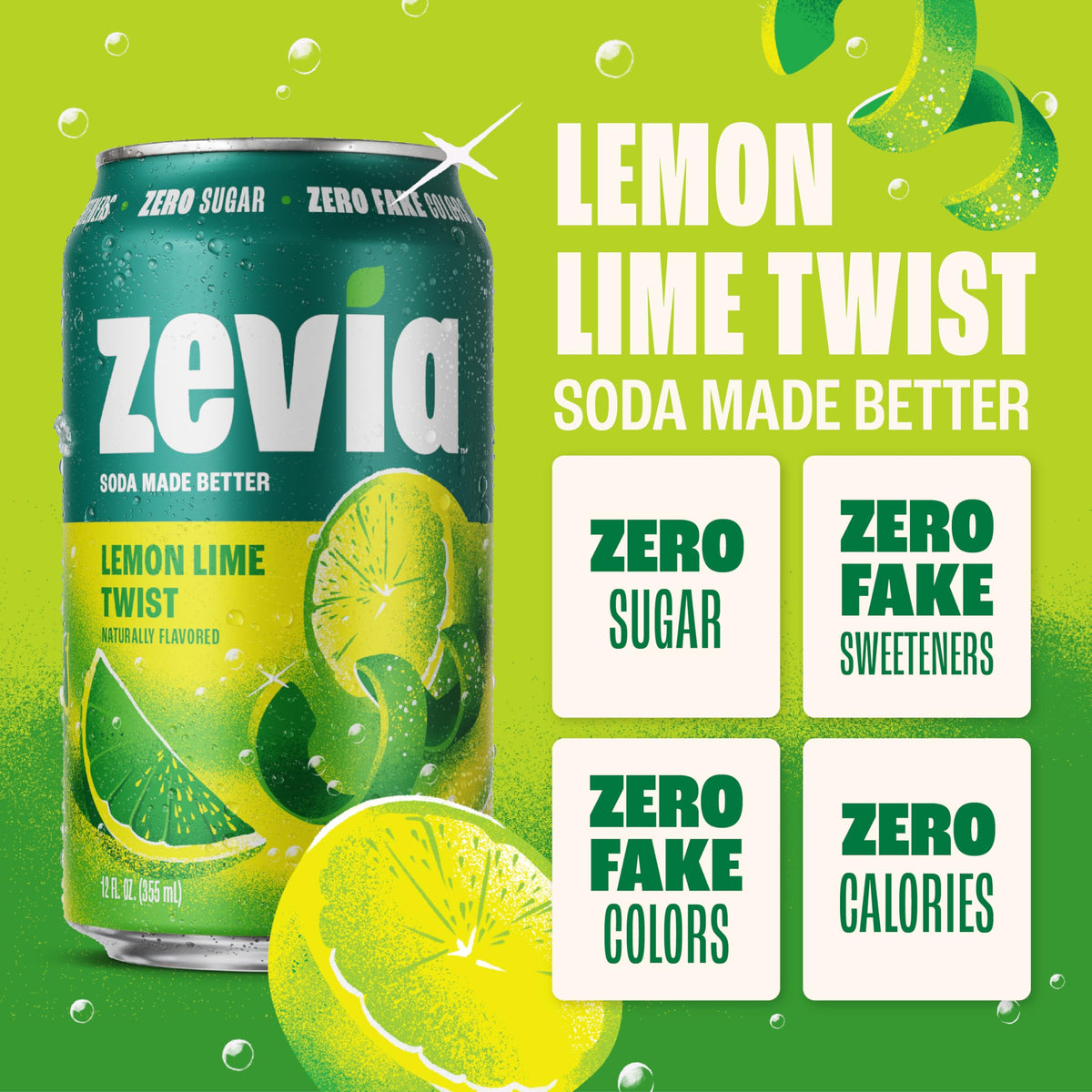 Zevia Zero Sugar Soda – Lemon Lime Twist, 12 oz Cans (24-Pack)