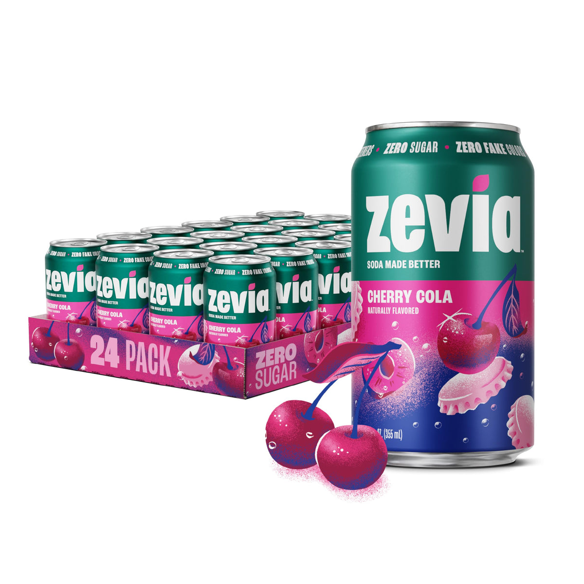 Zevia Cherry Cola Zero Sugar Soda – 24-Pack, Naturally Sweetened