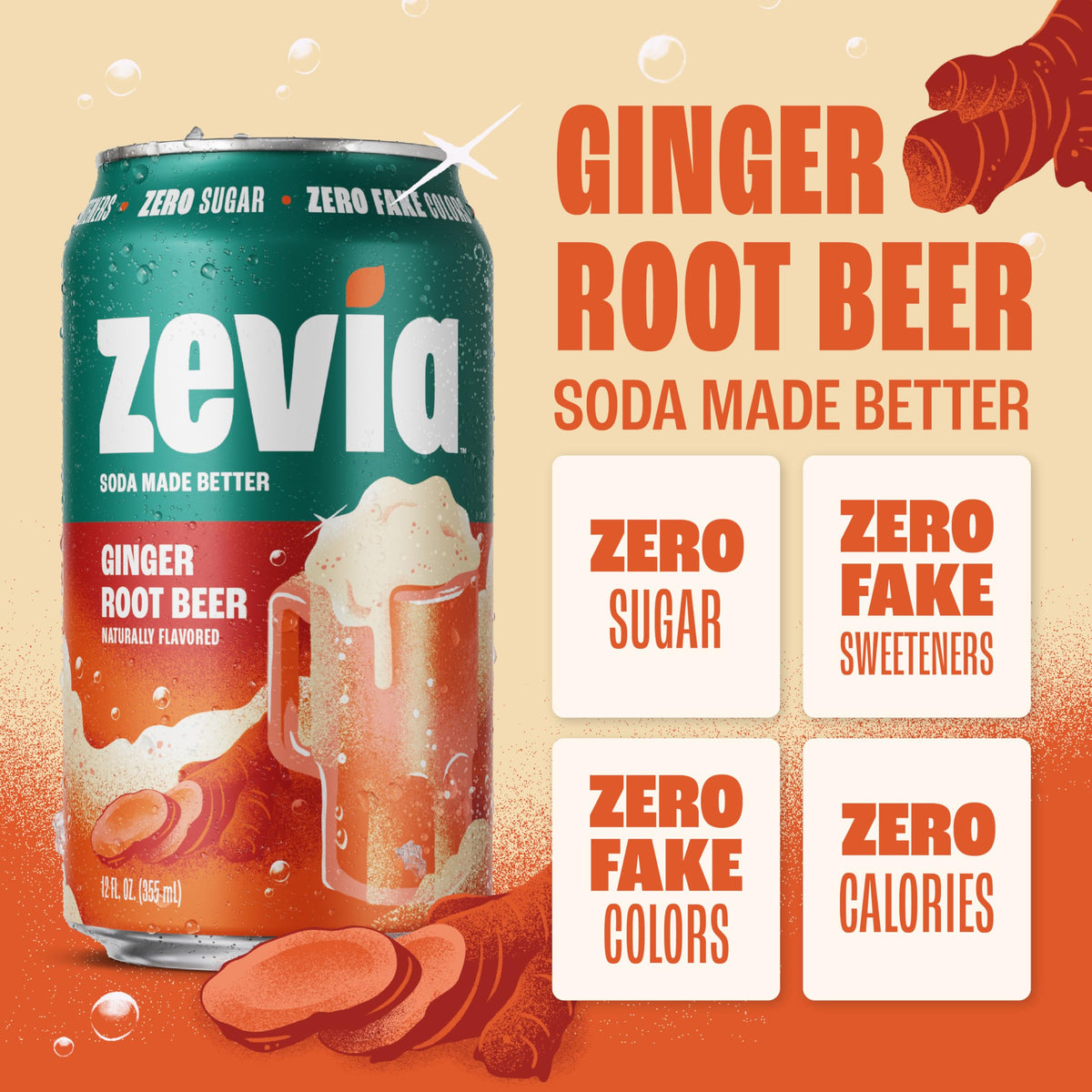 Zevia Ginger Root Beer – Zero Sugar, Zero Calorie Soda (12 oz, 24-Pack)