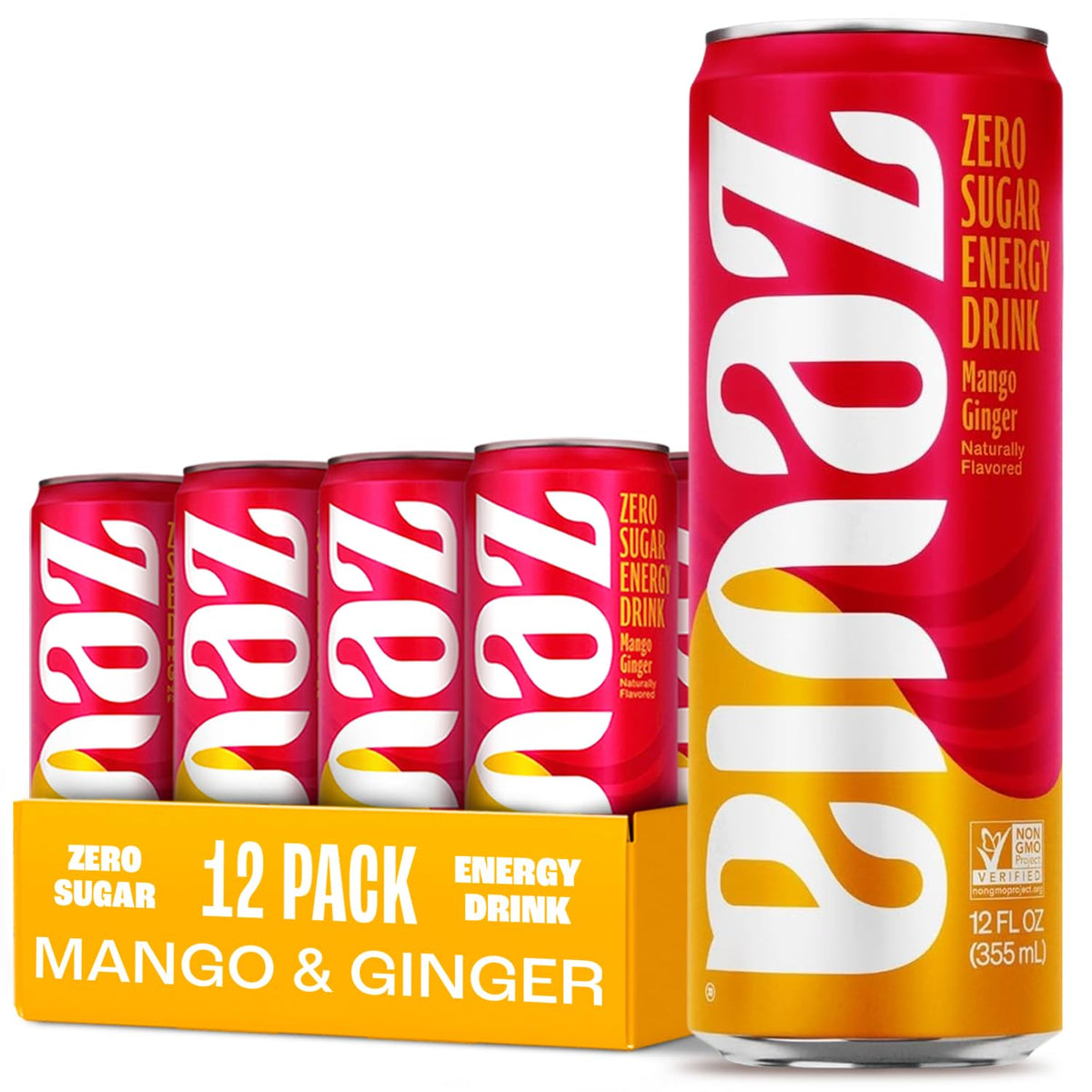 Zevia Zero Sugar Mango Ginger Energy Drink – 12 Pack, 0 Cal, Naturally Sweetened
