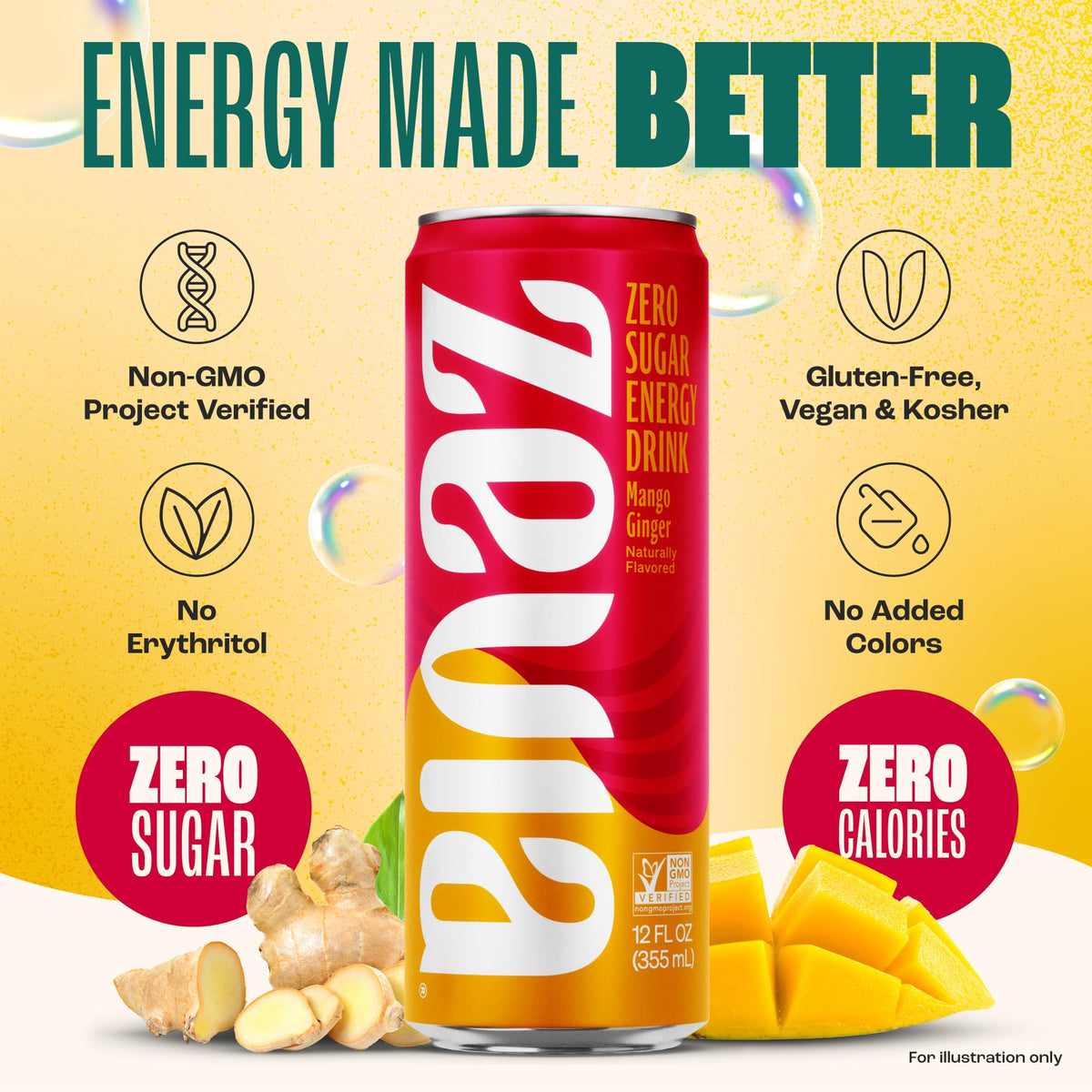 Zevia Zero Sugar Mango Ginger Energy Drink – 12 Pack, 0 Cal, Naturally Sweetened