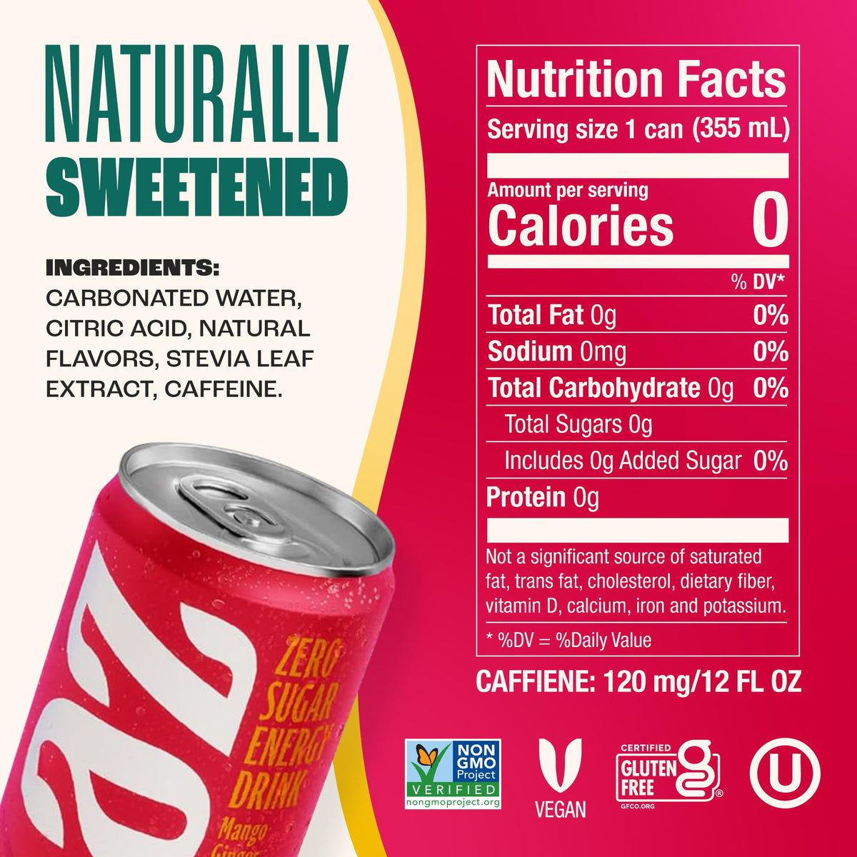 Zevia Zero Sugar Mango Ginger Energy Drink – 12 Pack, 0 Cal, Naturally Sweetened