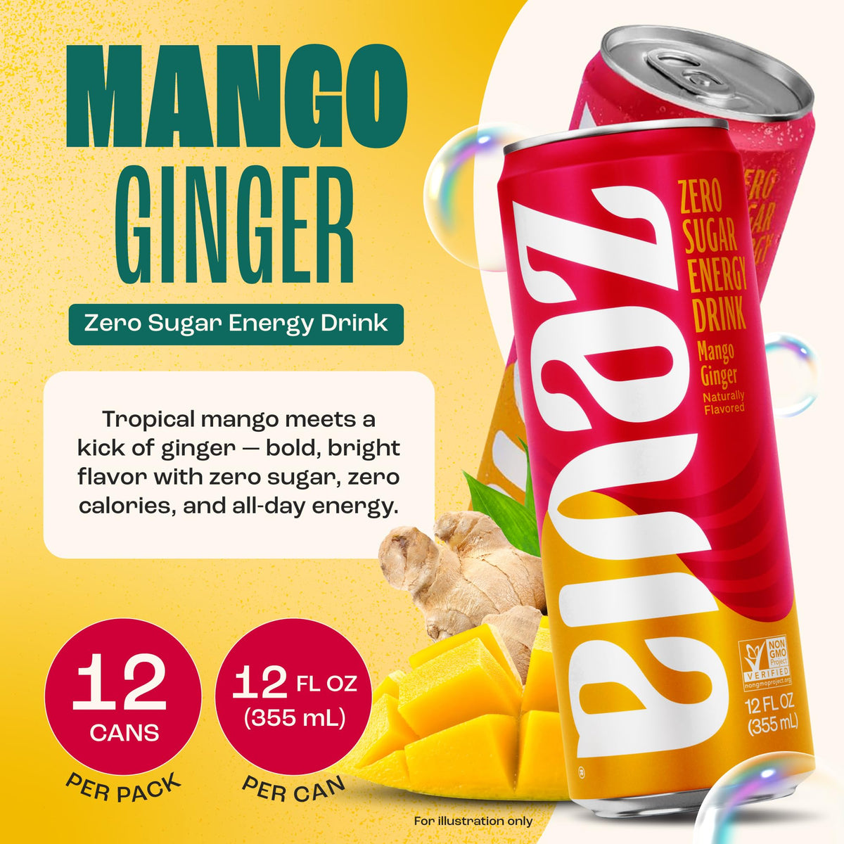 Zevia Zero Sugar Mango Ginger Energy Drink – 12 Pack, 0 Cal, Naturally Sweetened
