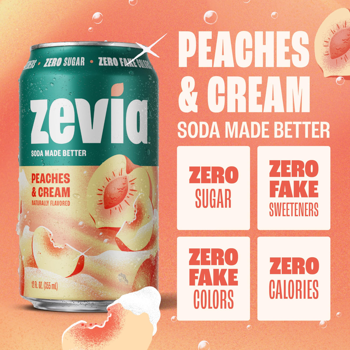 Zevia Peaches and Cream Zero Sugar Soda – 24-Pack, Caffeine Free, Gluten Free, Non-GMO