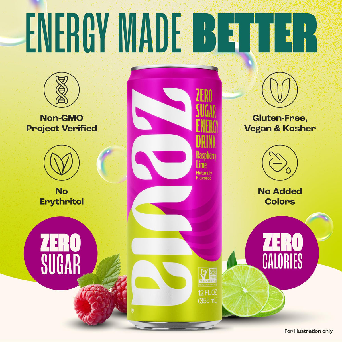 Zevia Raspberry Lime Zero Sugar Energy Drink – 12 oz Cans (12-Pack)
