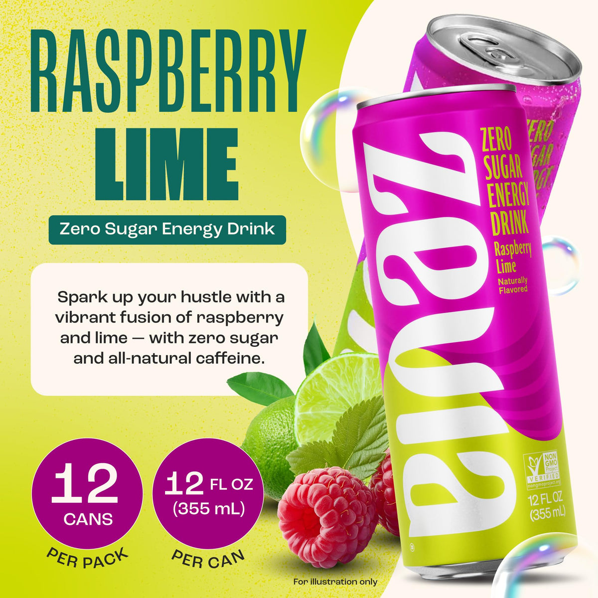 Zevia Raspberry Lime Zero Sugar Energy Drink – 12 oz Cans (12-Pack)
