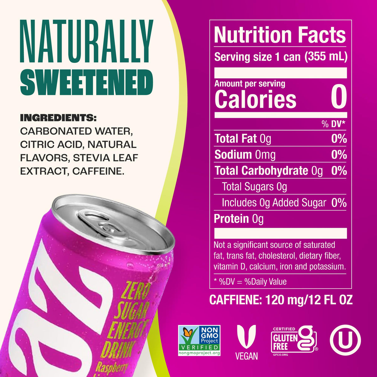 Zevia Raspberry Lime Zero Sugar Energy Drink – 12 oz Cans (12-Pack)