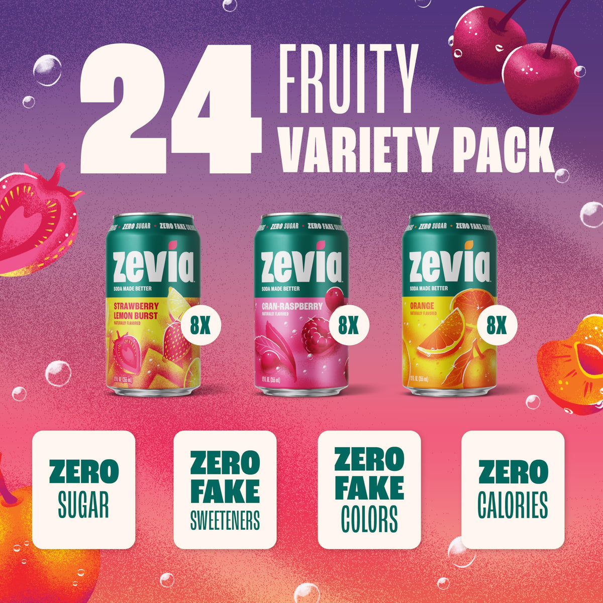 Zevia Zero Sugar Soda Fruity Variety Pack – 24 x 12oz Cans | Naturally Sweetened, Zero Calorie