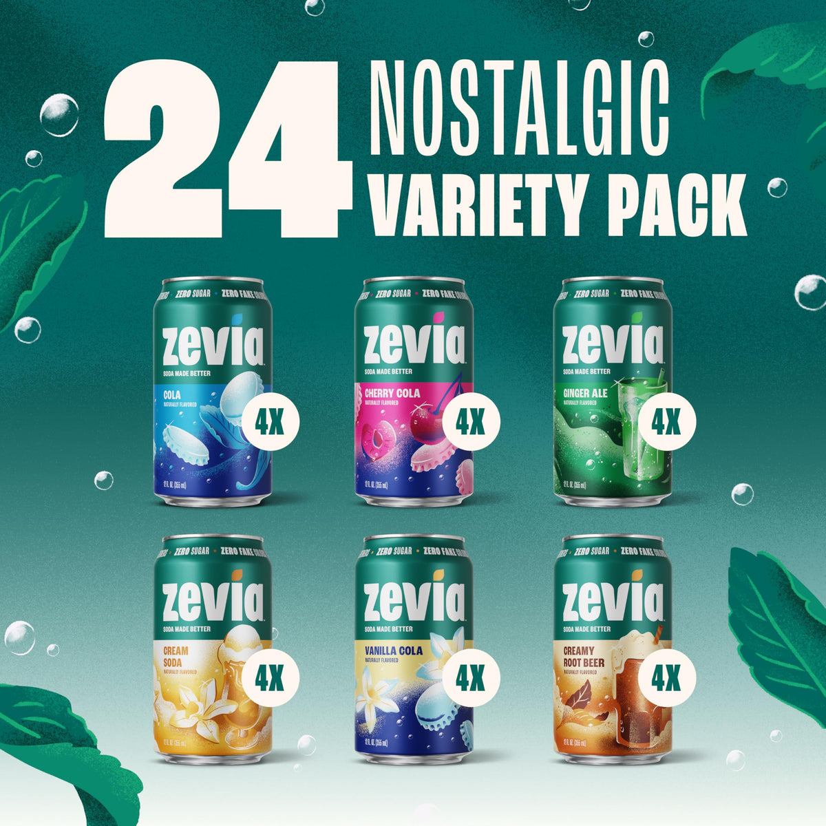 Zevia Zero Sugar Soda Nostalgic Variety Pack – 24-Pack, 12 oz Cans, Non-GMO, Gluten-Free, Vegan