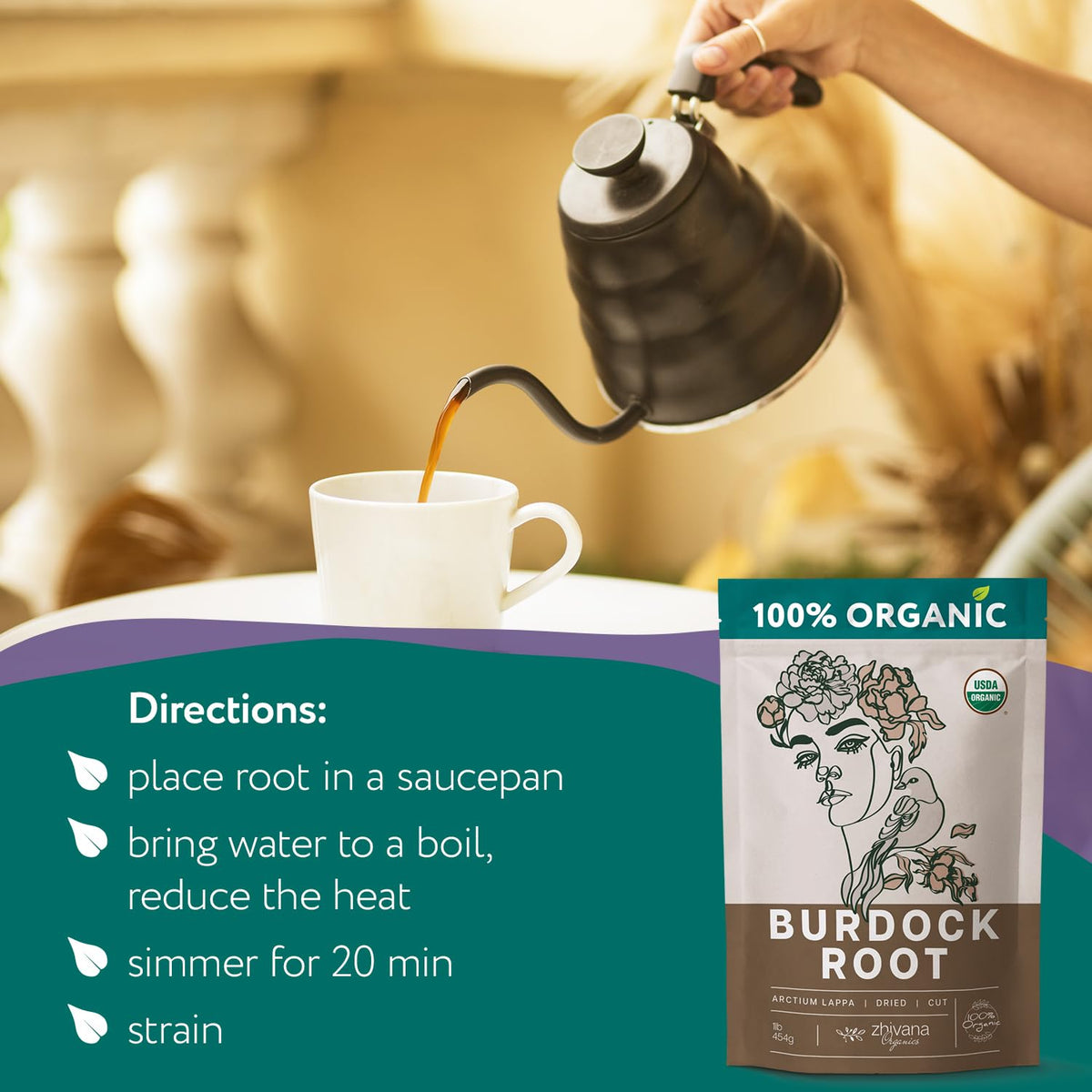 Zhivana Organics Premium Burdock Root Tea (16 oz) – Organic Burdock Root Tea, Loose Leaf