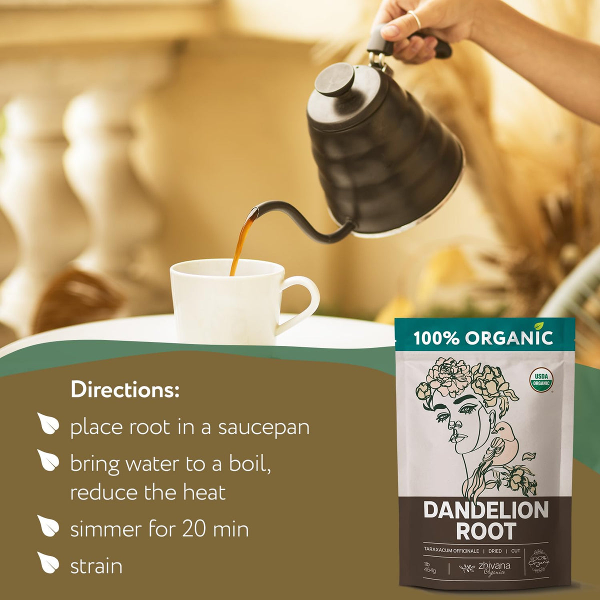 Zhivana Organics Dandelion Root Tea Loose Leaf – Organic Dandelion Root Herb, 16 oz