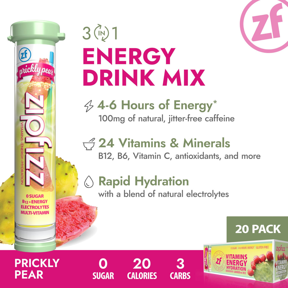 Zipfizz Daily Energy Powder – Prickly Pear, Sugar-Free, 3-in-1 Energy, Hydration & Vitamins (20 Pack)