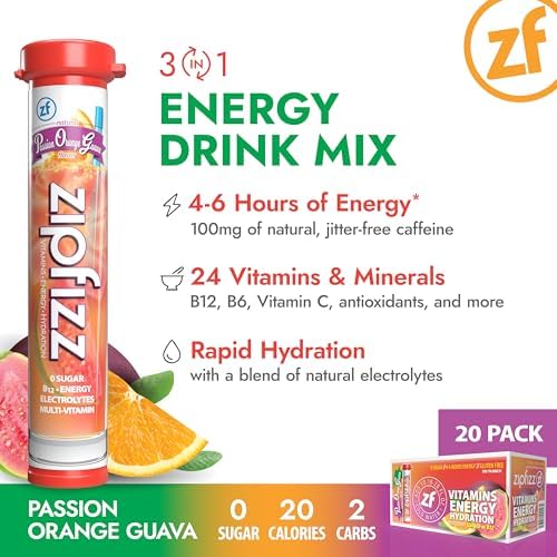 Zipfizz Daily Energy Drink Powder – Passion Orange Guava, 20 Pack | Sugar-Free, 3-in-1 Energy, Hydration & Vitamins