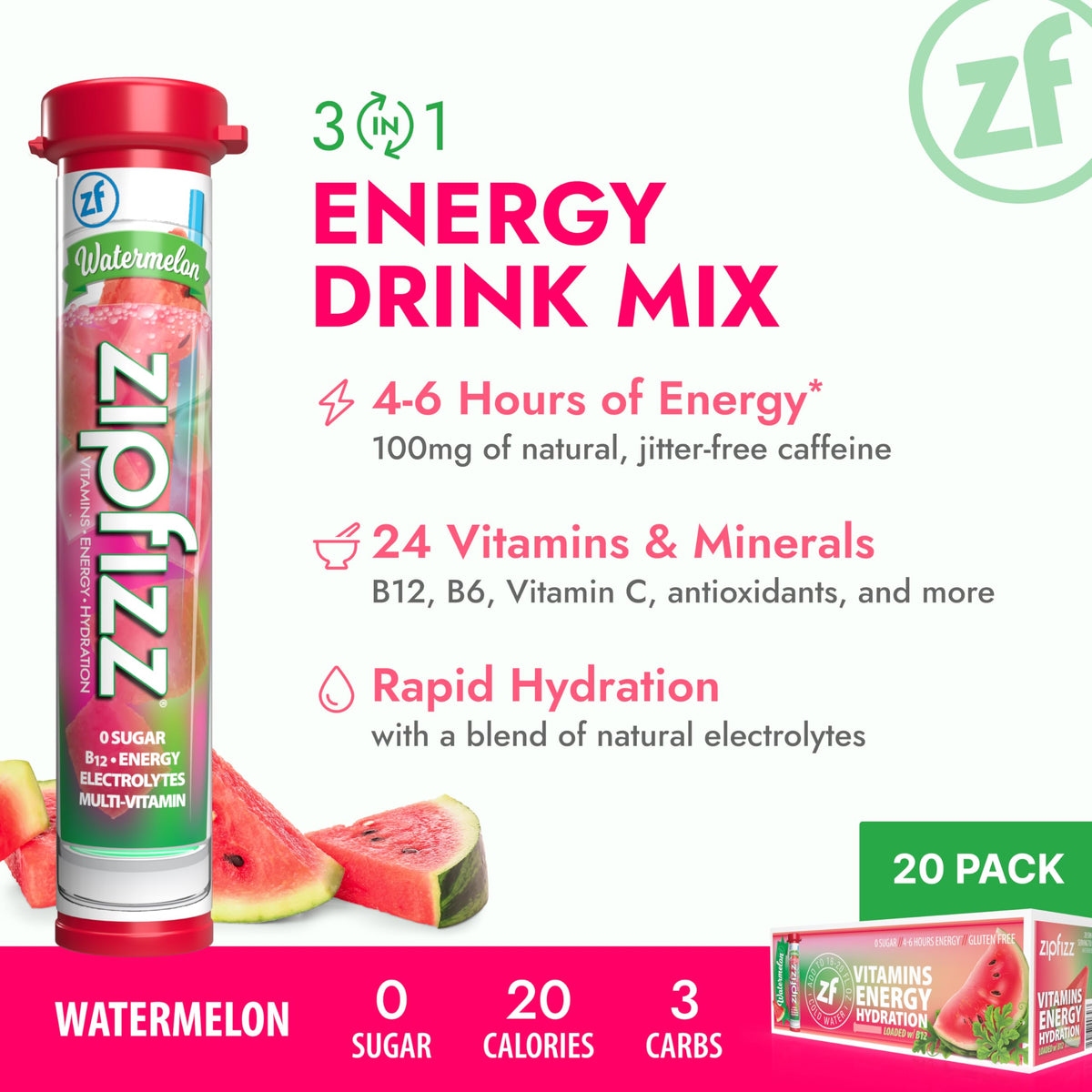 Zipfizz Daily Energy Drink Powder - Watermelon, 20 Pack | 3-in-1 Energy, Hydration & Vitamins | Sugar-Free
