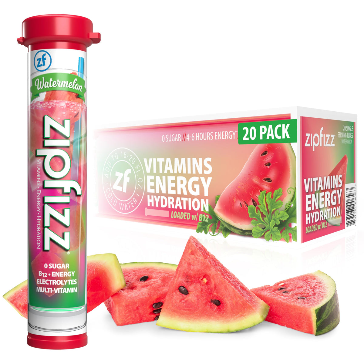 Zipfizz Daily Energy Drink Powder - Watermelon, 20 Pack | 3-in-1 Energy, Hydration & Vitamins | Sugar-Free