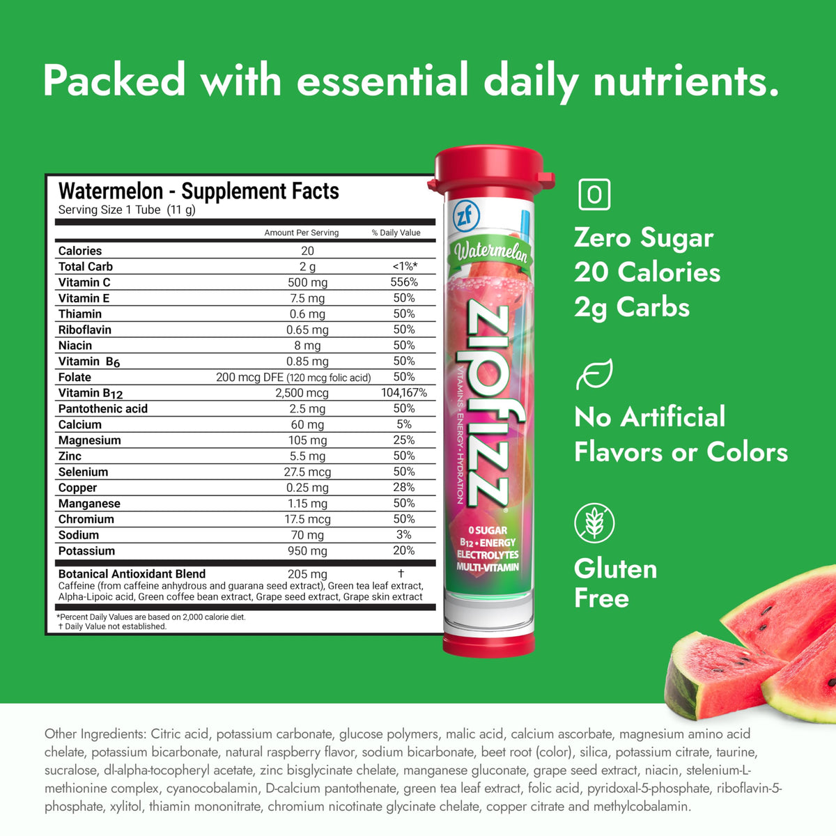 Zipfizz Daily Energy Drink Powder - Watermelon, 20 Pack | 3-in-1 Energy, Hydration & Vitamins | Sugar-Free
