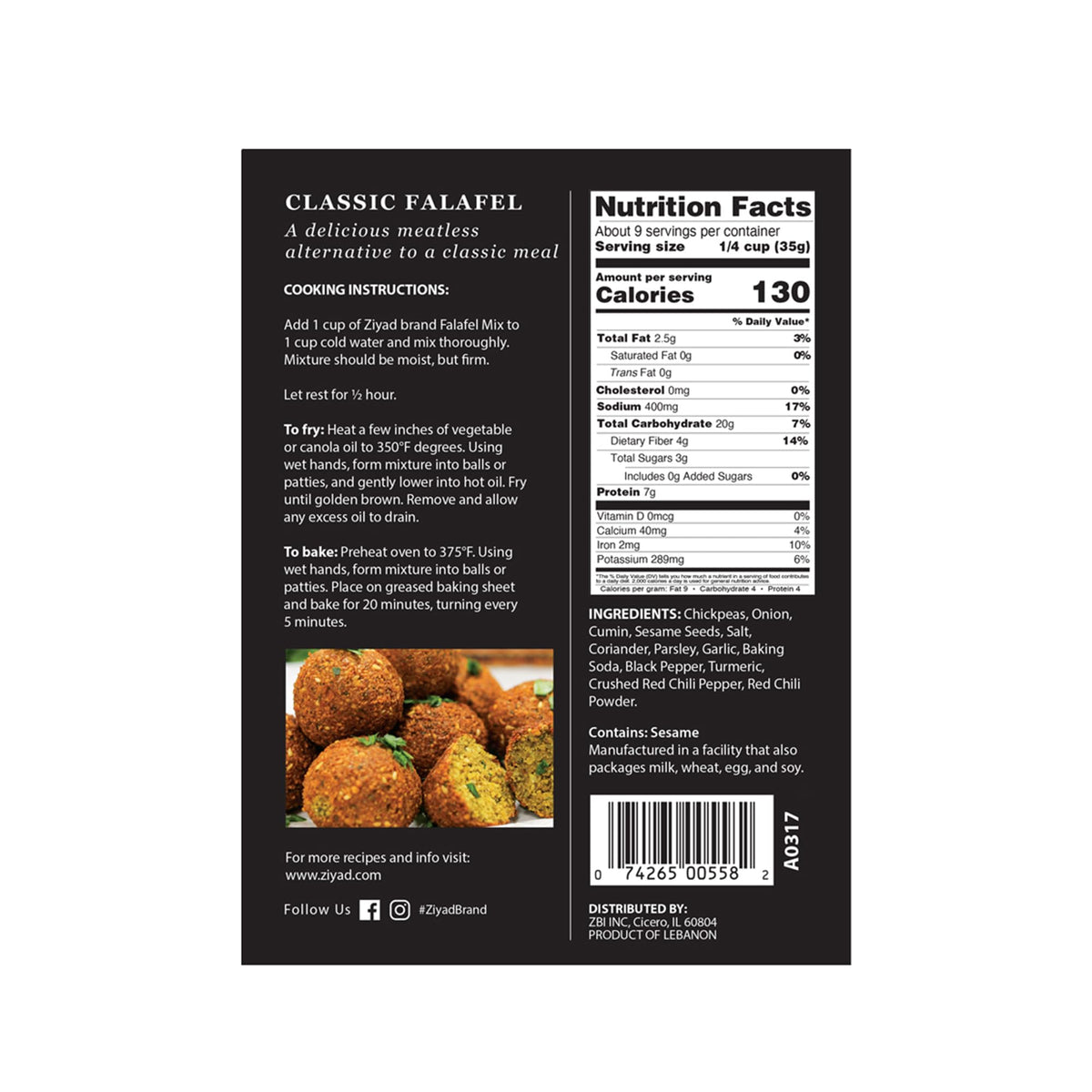 Ziyad Falafel Dry Mix – Gluten-Free, Vegan, Non-GMO, 12 oz (Pack of 6)