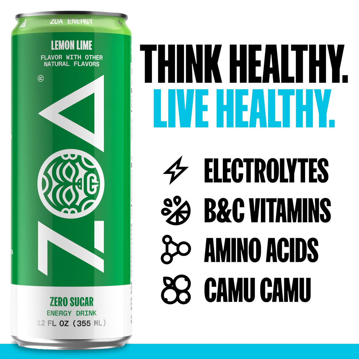 ZOA Energy Sugar Free with Electrolytes – Lemon Lime, 12 Pack (12 oz cans)