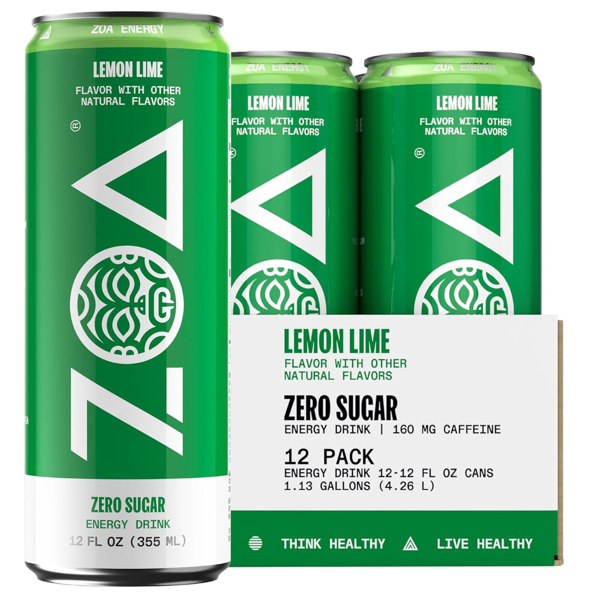 ZOA Energy Sugar Free with Electrolytes – Lemon Lime, 12 Pack (12 oz cans)