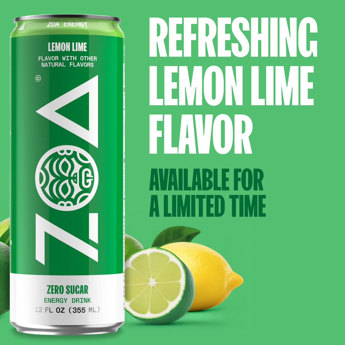 ZOA Energy Sugar Free with Electrolytes – Lemon Lime, 12 Pack (12 oz cans)