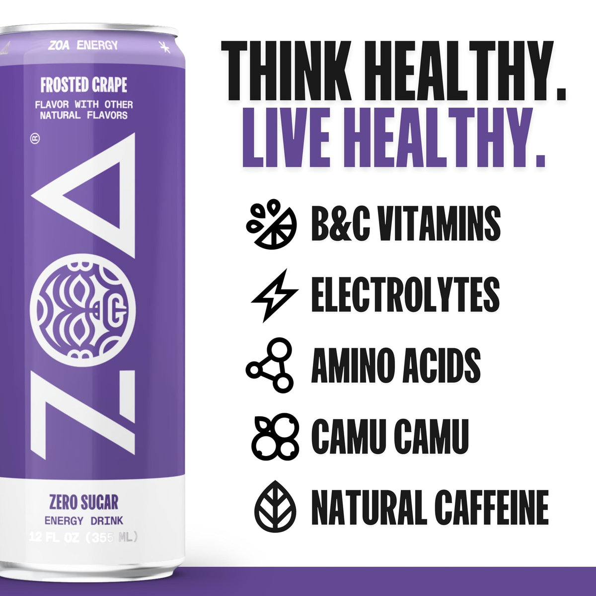 ZOA Frosted Grape Zero Sugar Energy Drink | Natural Caffeine, Vitamin C & B-Vitamins | Gluten-Free, Keto Friendly | 12 oz (Pack of 12)