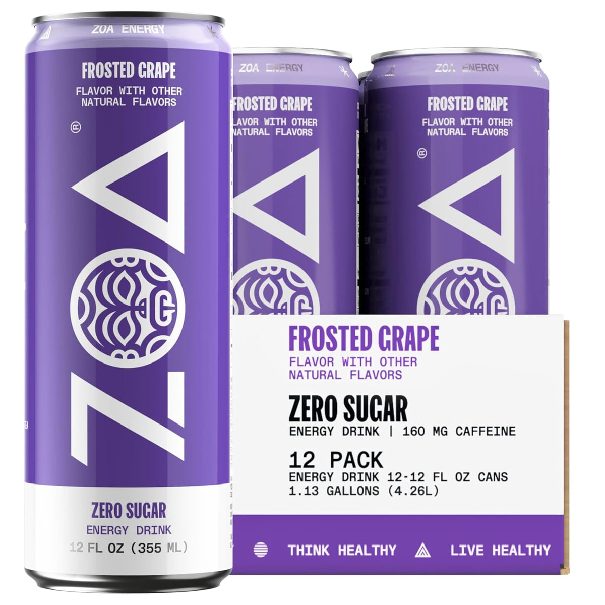 ZOA Frosted Grape Zero Sugar Energy Drink | Natural Caffeine, Vitamin C & B-Vitamins | Gluten-Free, Keto Friendly | 12 oz (Pack of 12)