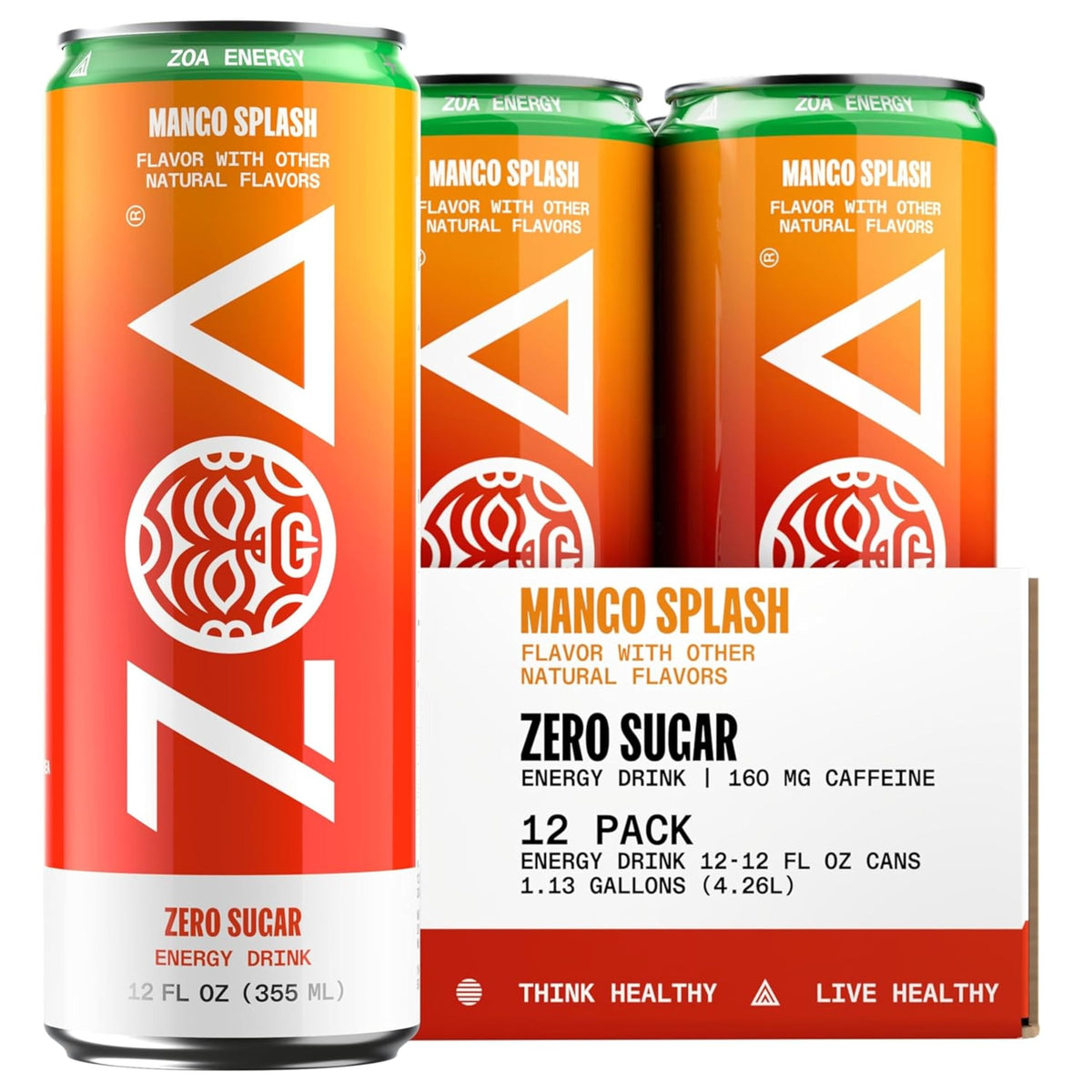 ZOA Mango Splash Zero Sugar Energy Drink – Electrolytes, Vitamin C & B-Vitamins (12 Pack)