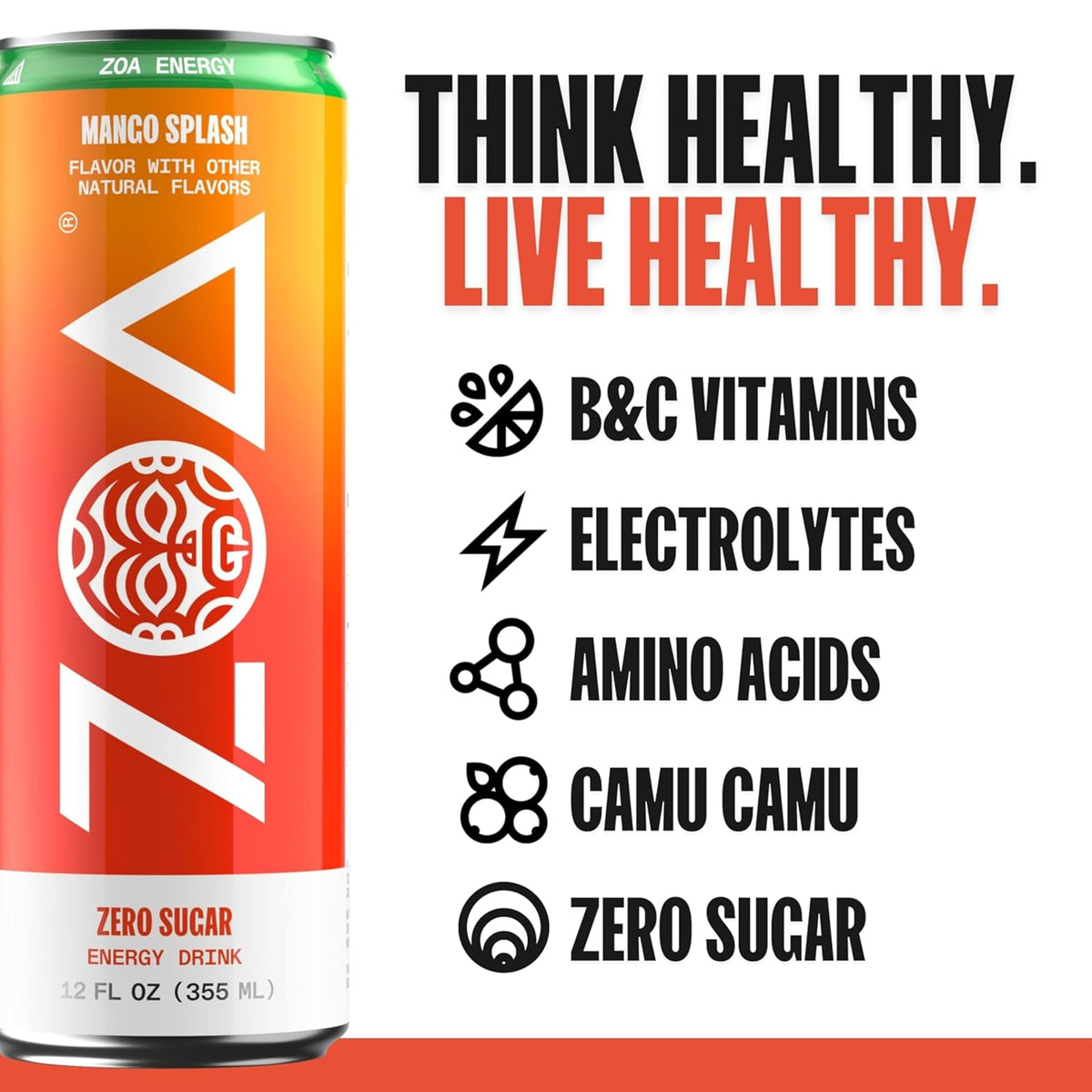 ZOA Mango Splash Zero Sugar Energy Drink – Electrolytes, Vitamin C & B-Vitamins (12 Pack)
