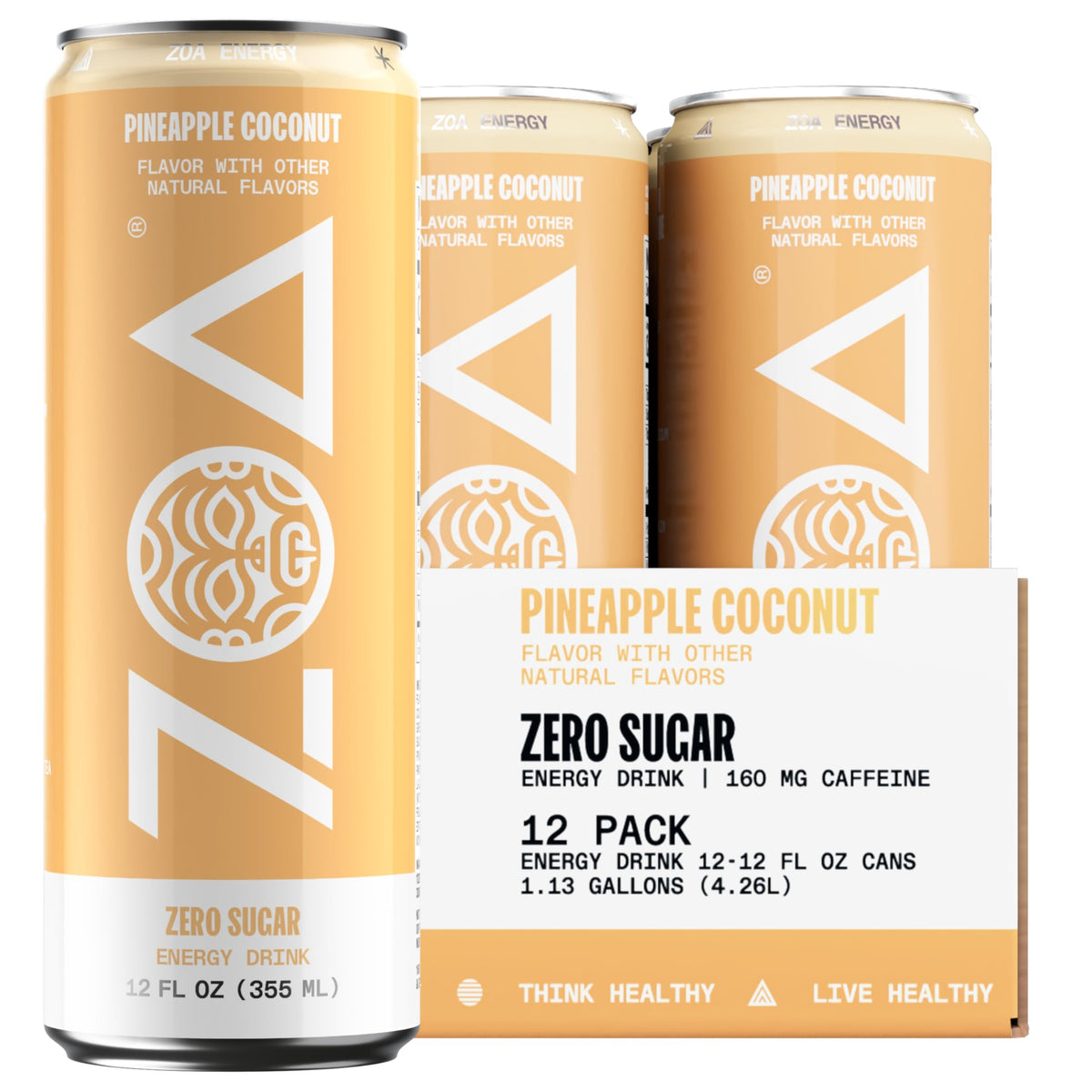 ZOA Zero Sugar Pineapple Coconut Energy Drinks – Natural Caffeine, Vitamin C & B-Vitamins | Gluten-Free, Keto Friendly | Pack of 12