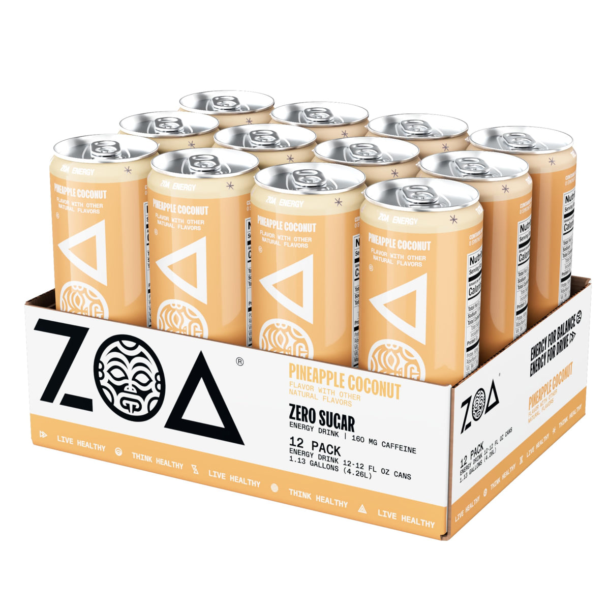 ZOA Zero Sugar Pineapple Coconut Energy Drinks – Natural Caffeine, Vitamin C & B-Vitamins | Gluten-Free, Keto Friendly | Pack of 12