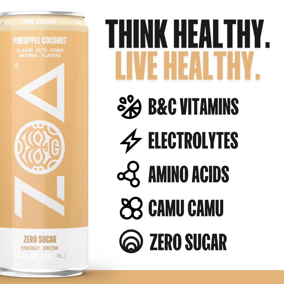 ZOA Zero Sugar Pineapple Coconut Energy Drinks – Natural Caffeine, Vitamin C & B-Vitamins | Gluten-Free, Keto Friendly | Pack of 12