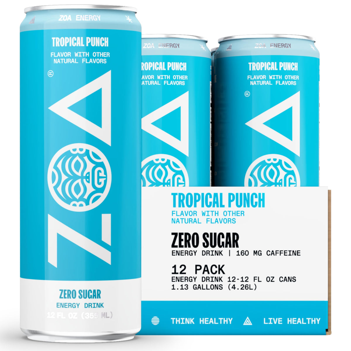 ZOA Tropical Punch Zero Sugar Energy Drink | Natural Caffeine, Vitamin C & B-Vitamins | Gluten-Free & Keto Friendly | 12 oz Cans (Pack of 12)