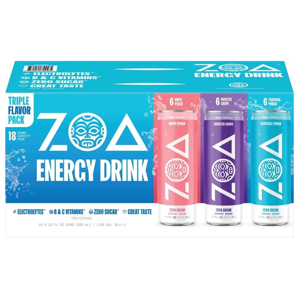 ZOA Zero Sugar Energy Drink Variety Pack – Sugar Free, Electrolytes, Vitamin C & Green Tea Caffeine (18 Cans)