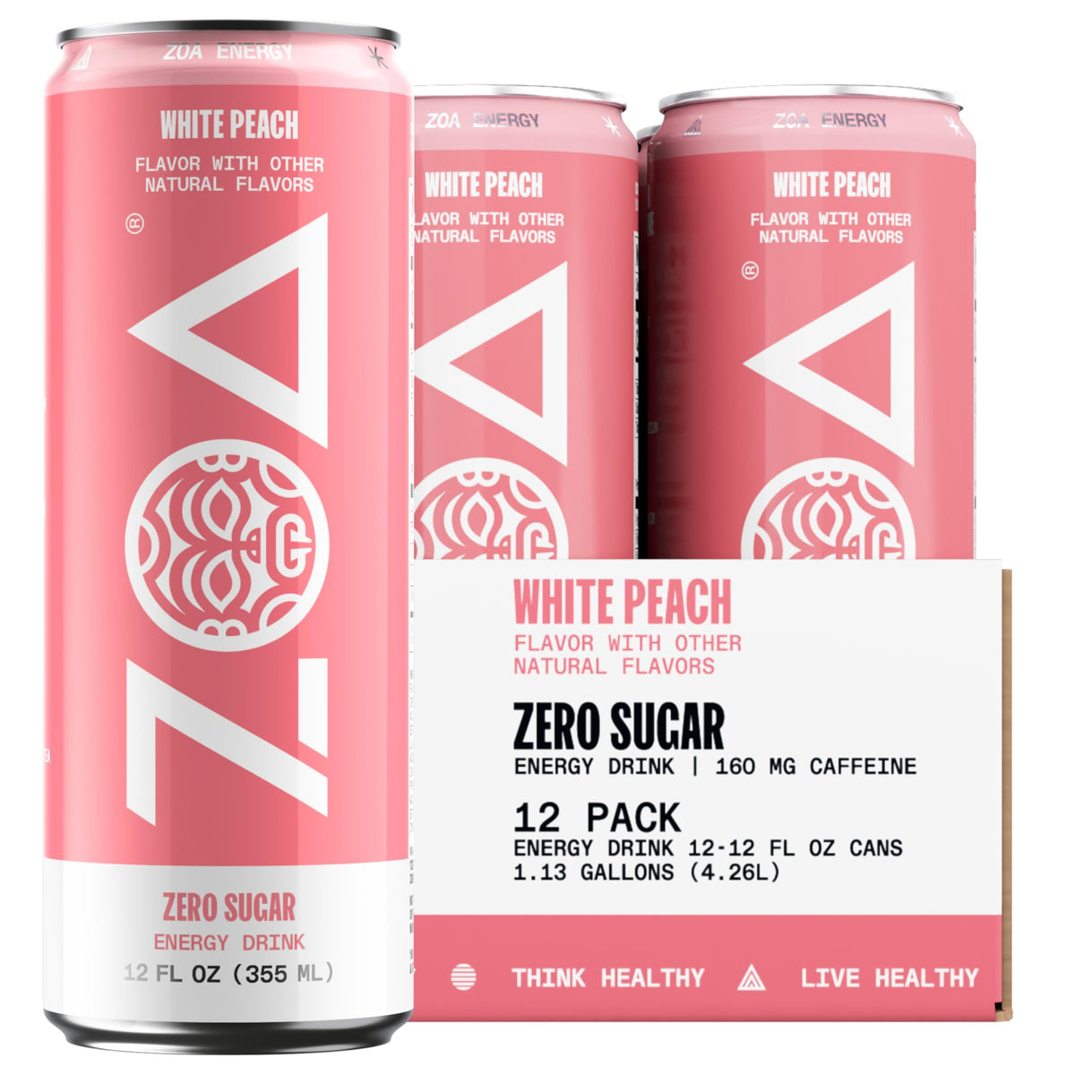ZOA White Peach Zero Sugar Energy Drinks - Natural Caffeine, Vitamin C + B-Vitamins | Gluten-Free & Keto | 12 Pack
