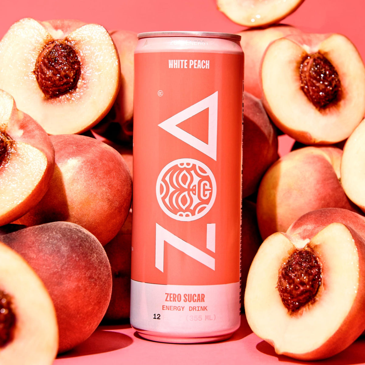 ZOA White Peach Zero Sugar Energy Drinks - Natural Caffeine, Vitamin C + B-Vitamins | Gluten-Free & Keto | 12 Pack
