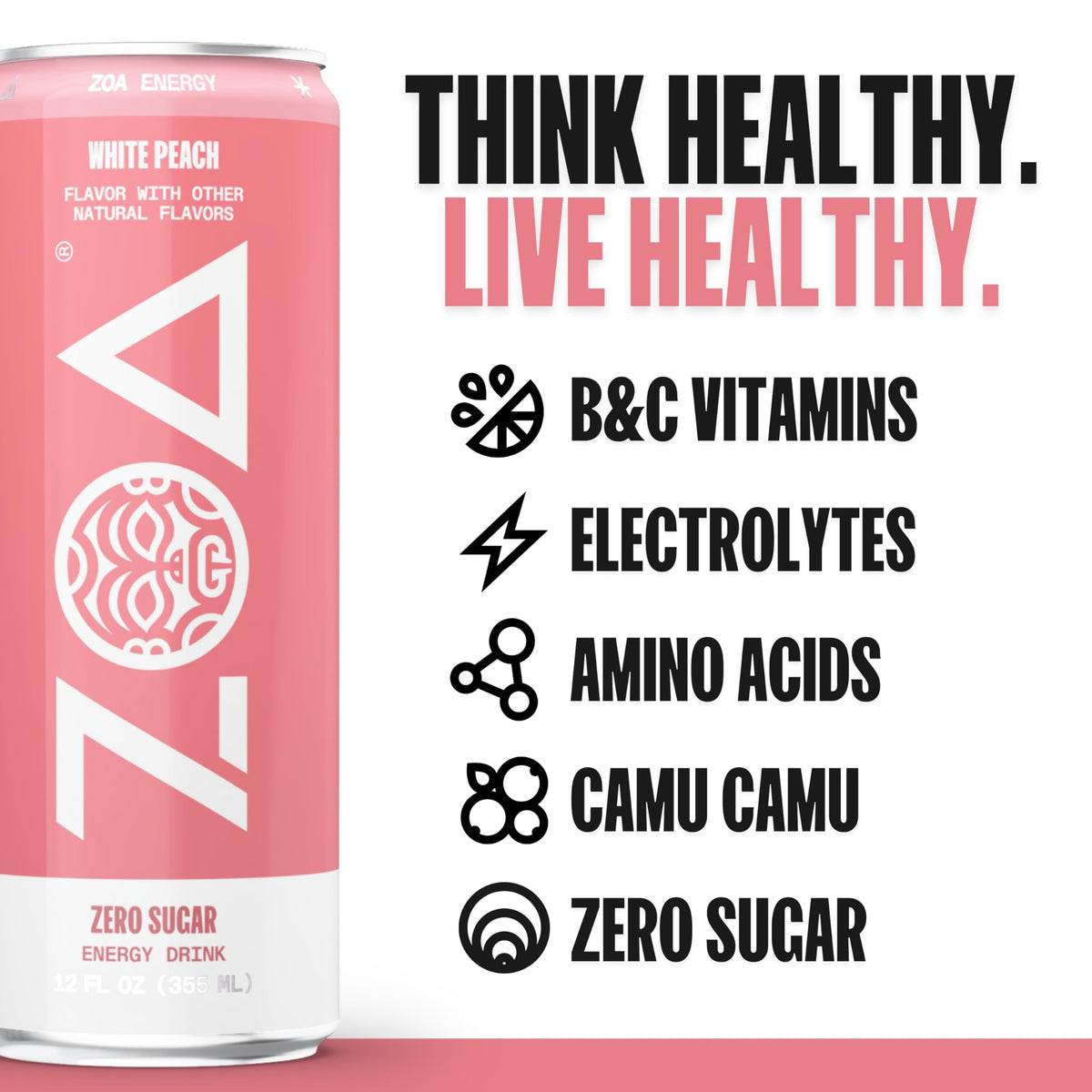 ZOA White Peach Zero Sugar Energy Drinks - Natural Caffeine, Vitamin C + B-Vitamins | Gluten-Free & Keto | 12 Pack
