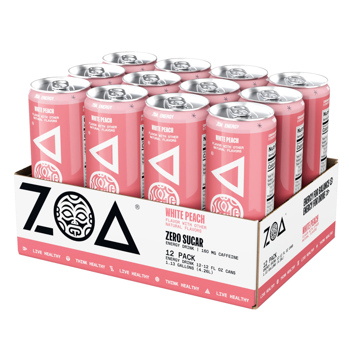 ZOA White Peach Zero Sugar Energy Drinks - Natural Caffeine, Vitamin C + B-Vitamins | Gluten-Free & Keto | 12 Pack