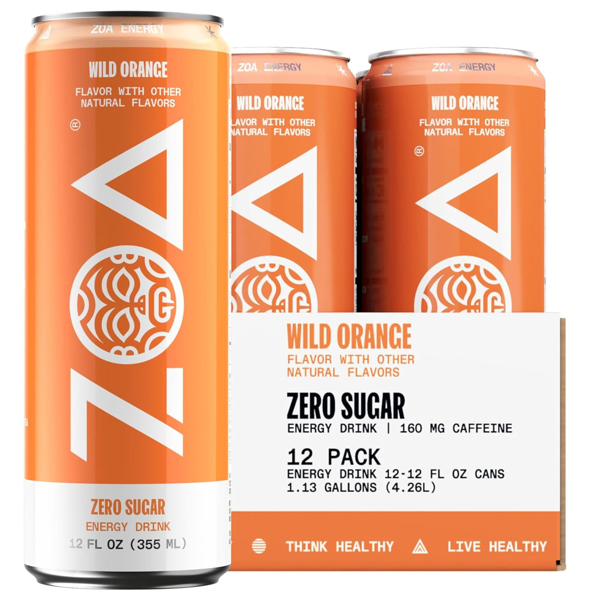 ZOA Wild Orange Zero Sugar Energy Drinks – Natural Caffeine, Vitamin C, B-Vitamins | Gluten-Free, Keto Friendly | 12-Can Pack