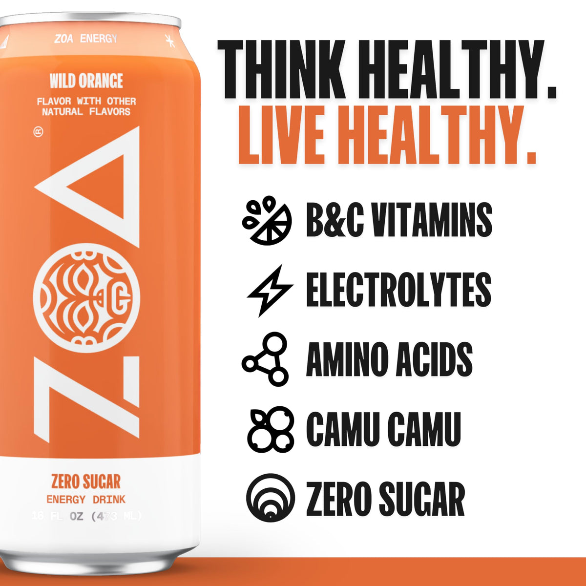 ZOA Wild Orange Zero Sugar Energy Drink | Natural Caffeine, Vitamin C & B-Vitamins | Gluten-Free, Keto-Friendly 16 oz Can Pack