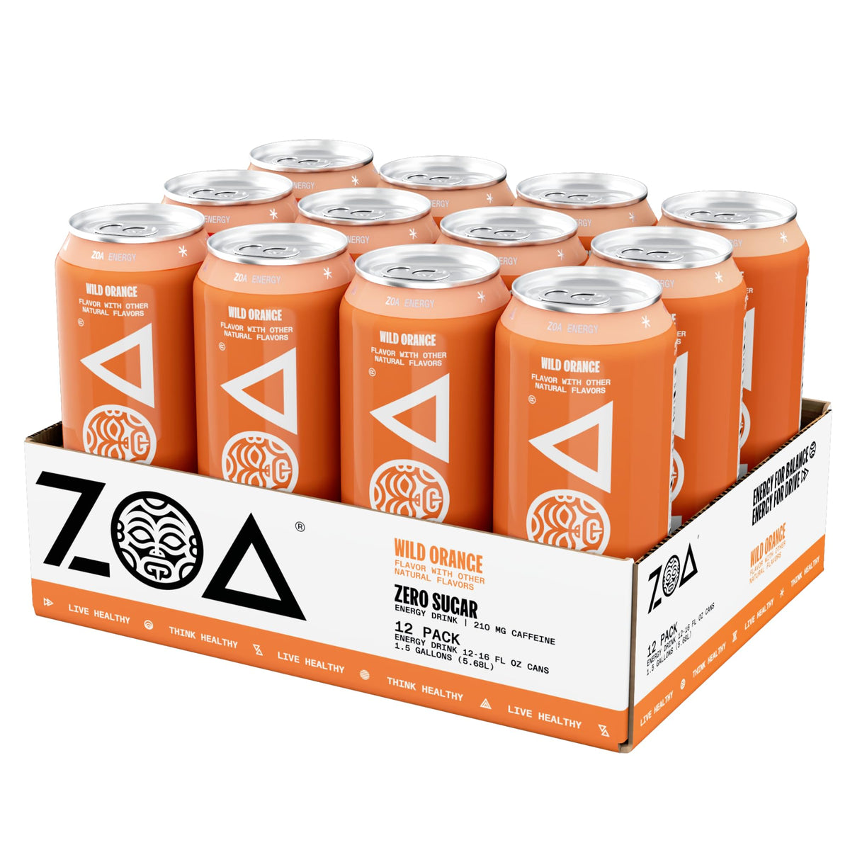 ZOA Wild Orange Zero Sugar Energy Drink | Natural Caffeine, Vitamin C & B-Vitamins | Gluten-Free, Keto-Friendly 16 oz Can Pack