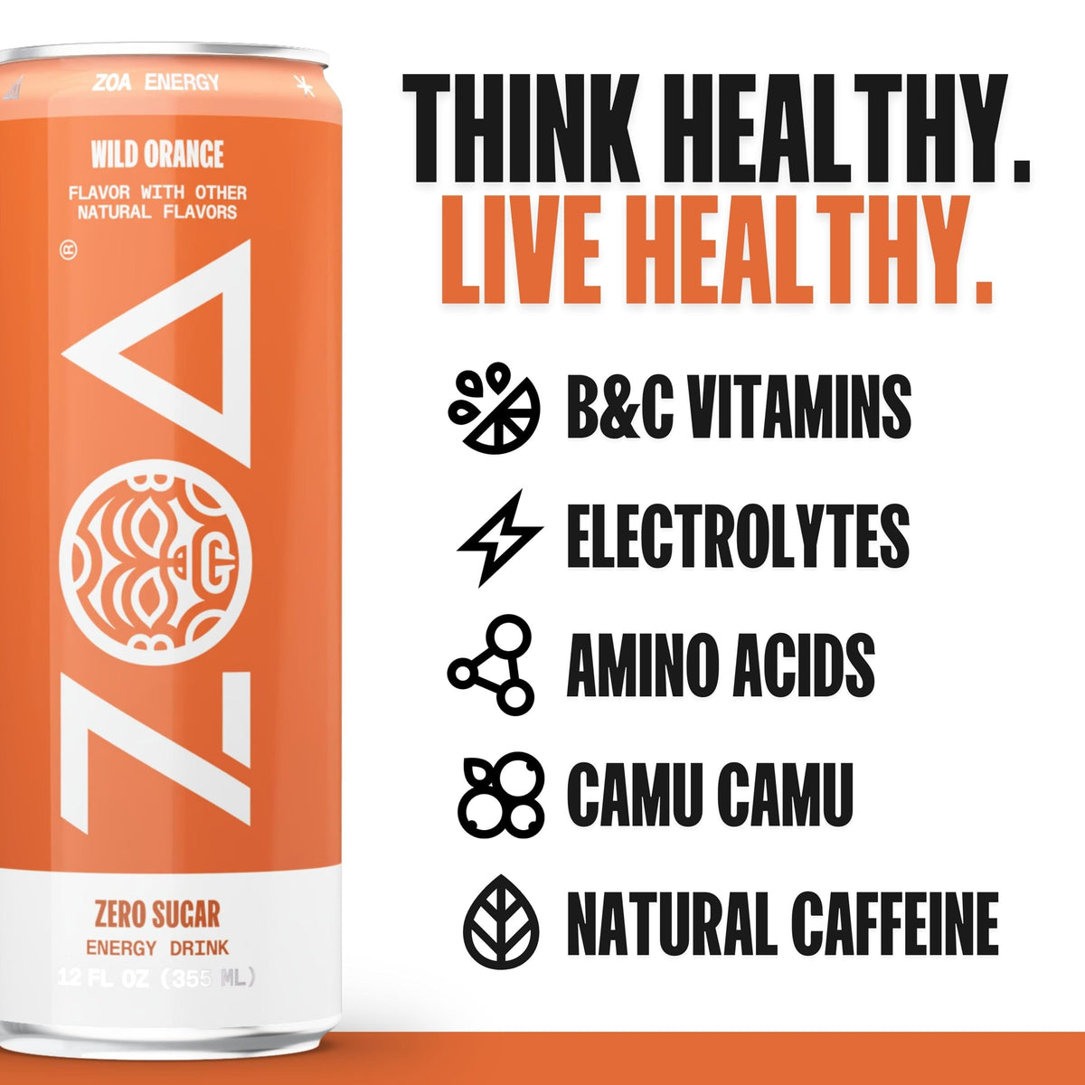 ZOA Wild Orange Zero Sugar Energy Drinks – Natural Caffeine, Vitamin C, B-Vitamins | Gluten-Free, Keto Friendly | 12-Can Pack