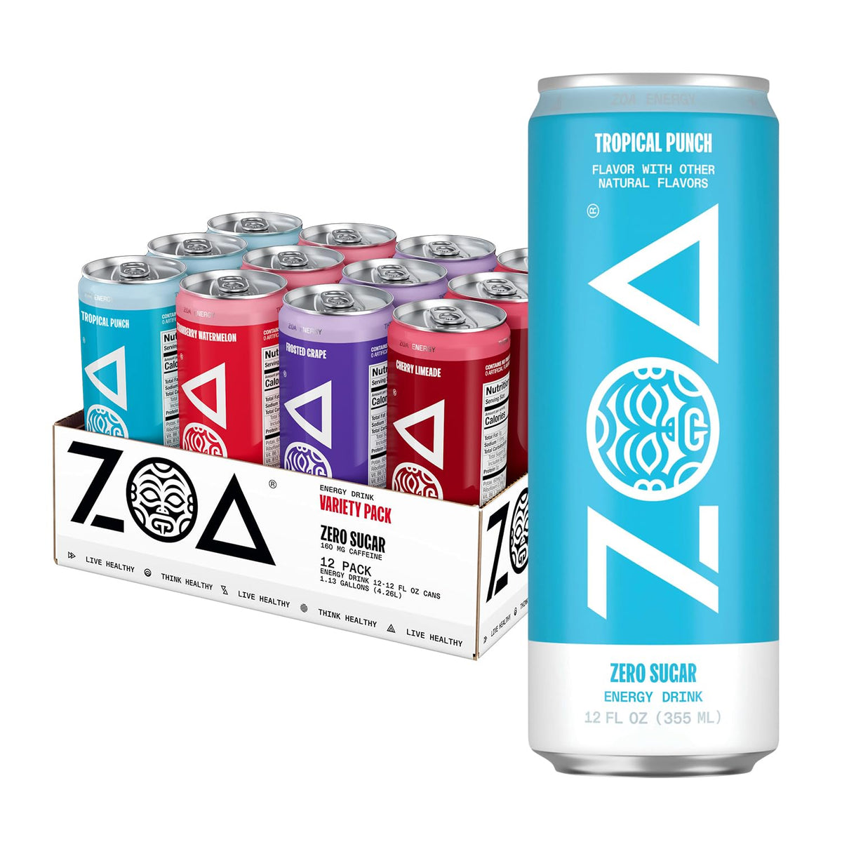 ZOA Zero Sugar Energy Drinks with Electrolytes, Vitamin C, B-Vitamins – Sugar-Free Variety Pack (12 cans)